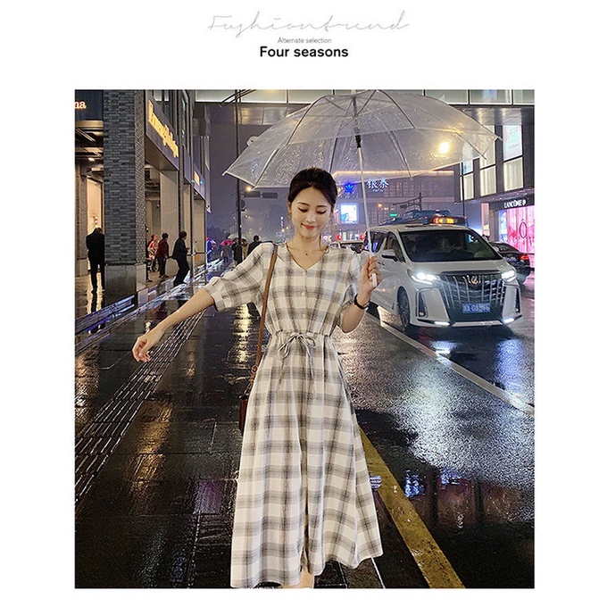 Váy Kẻ Caro Tay Ngắn ⚡️ẢNH THẬT⚡️ Váy Đầm Cotton Thắt Eo Xinh Cho Nữ