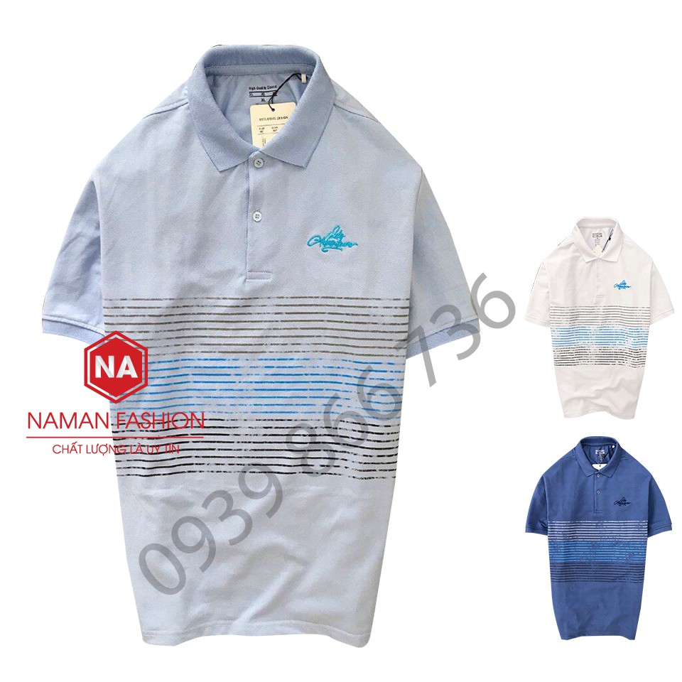 Áo thun polo nam trung niên có cổ, chất liệu CVC cá sấu, phối sọc ngang-ÁO POLO NAM TRUNG NIÊN