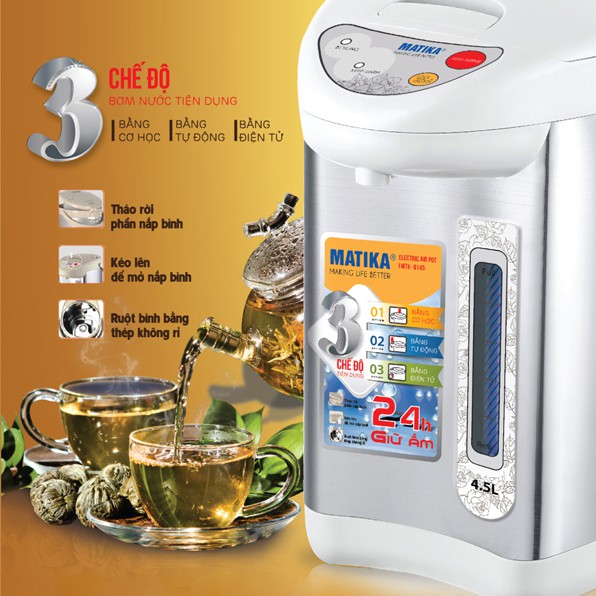 [Mã ELTECHZONE giảm 5% đơn 500K] Bình thủy điện 4.5L Matika MTK-8145 có chức năng giữ ấm mức 80 &amp; 90 độ C