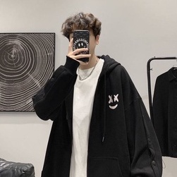 Áo khoác hoodie tay dài dáng rộng in hình mặt cười phong cách Hong Kong thời trang xuân thu cho nam