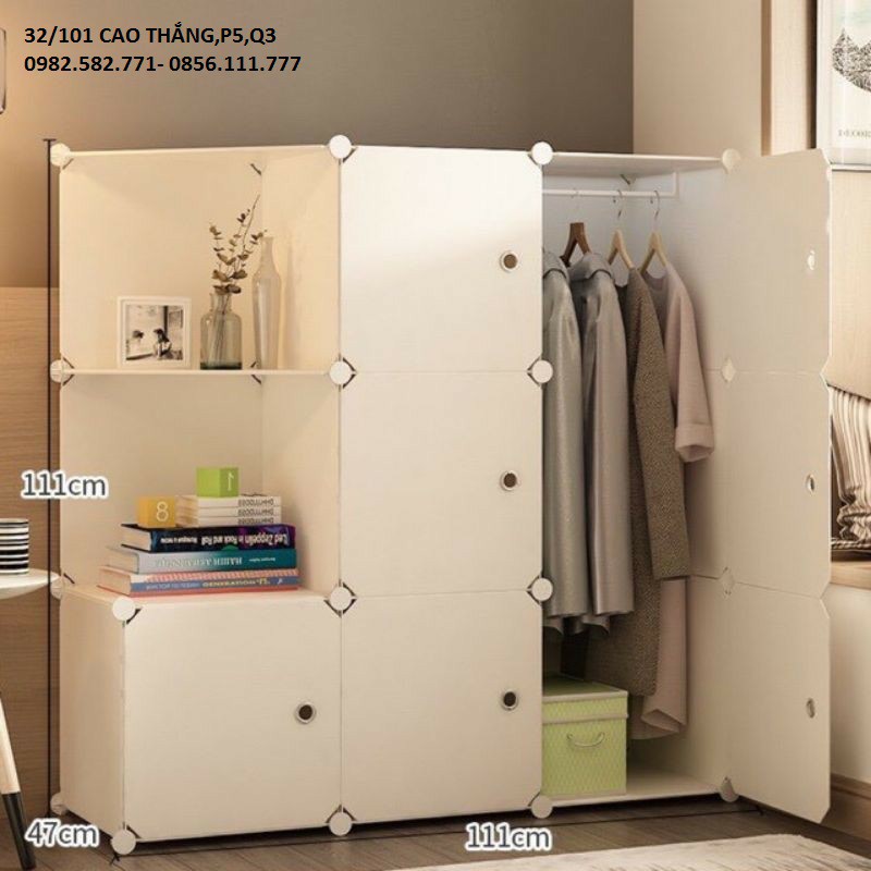 Tủ nhựa ghép 9 ô loại to sâu 47 cm -Tủ quần áo lắp ghép đa năng gồm 1 ô treo và 6 ngăn xếp đồ
