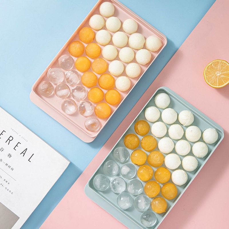 Khuôn/ khay làm đá viên tròn 33 ô có nắp đậy tiện dụng