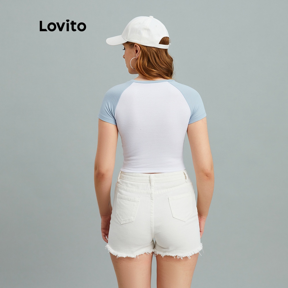 Áo thun Lovito dáng ngắn ghép nối màu sắc phong cách Preppy L10915 (Màu xám) | BigBuy360 - bigbuy360.vn