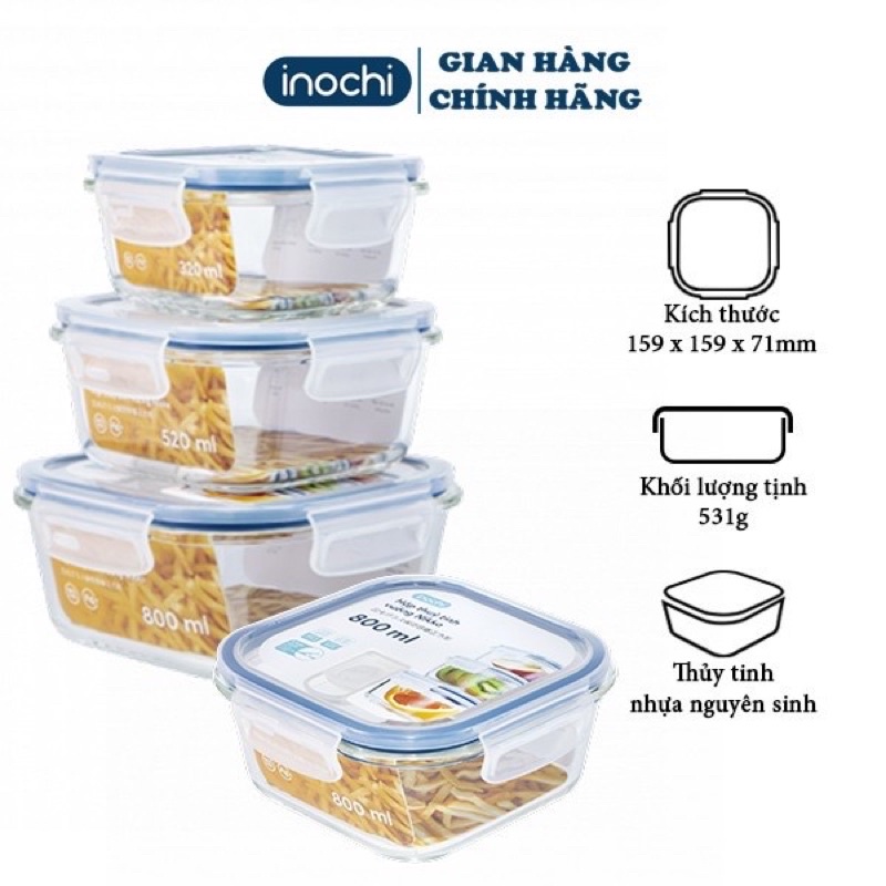 Hộp Thuỷ Tinh Vuông Nikko Inochi 320ml, 520ml, 800ml - Hàng Chính Hãng