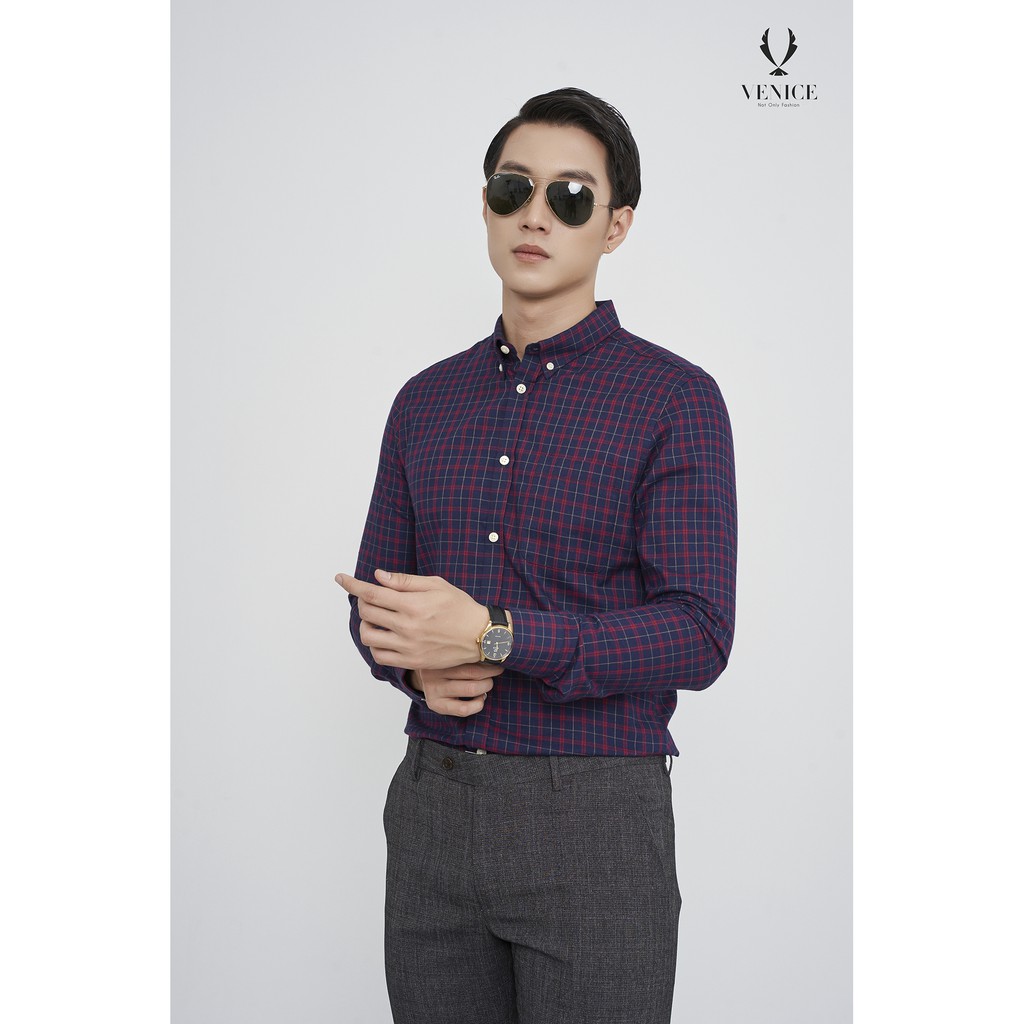 Sơ Mi Nam Dài Tay VENISCE - Đỏ Đen Kẻ Vàng Caro Vừa AW1916-01 ( Túi, Cúc Đục Vàng), Form Slim Fit, Vải Cotton Cao Cấp