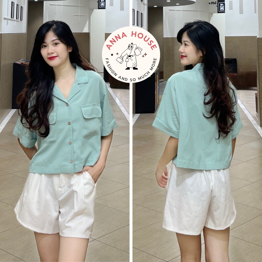 Áo sơ mi nữ cổ vest tay ngắn kiểu dáng croptop form rộng túi ngực, Áo sơ mi nữ trơn cổ vest cộc tay dáng ngắn nhiều màu