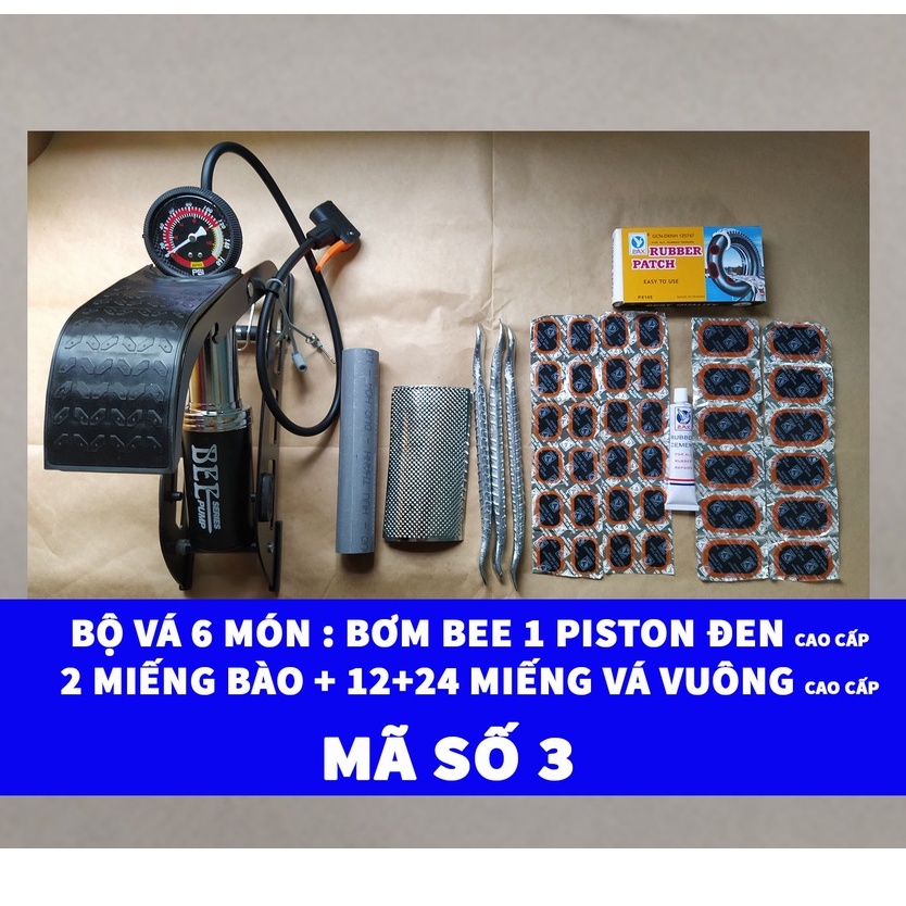 [Bơm Chân BEE Đen 1 Piston] Bộ Vá 6 Món Ruột Xe Máy Và Xe Đạp Bơm Đạp Chân 1 Piston Cao Cấp + 2 Miếng Bào Ruột