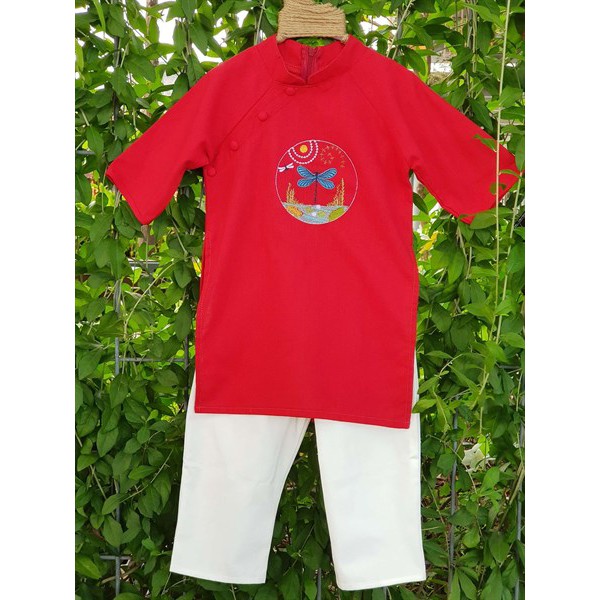 Áo Dài Trẻ Em Linen Đỏ Thêu Chuồn Chuồn (Áo)