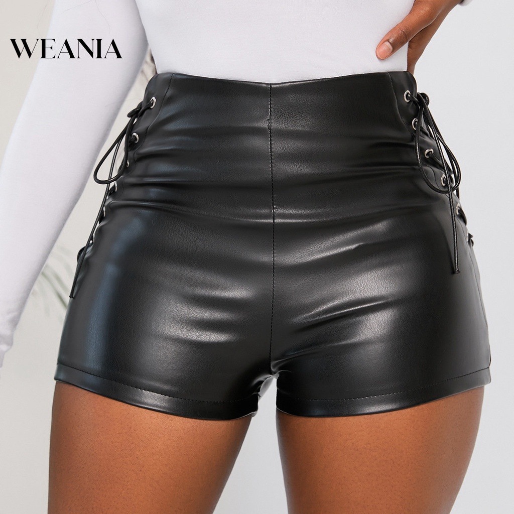 Quần Short Da PU Lưng Cao Phối Dây Rút Thời Trang Đường Phố Cá Tính Cho Nữ