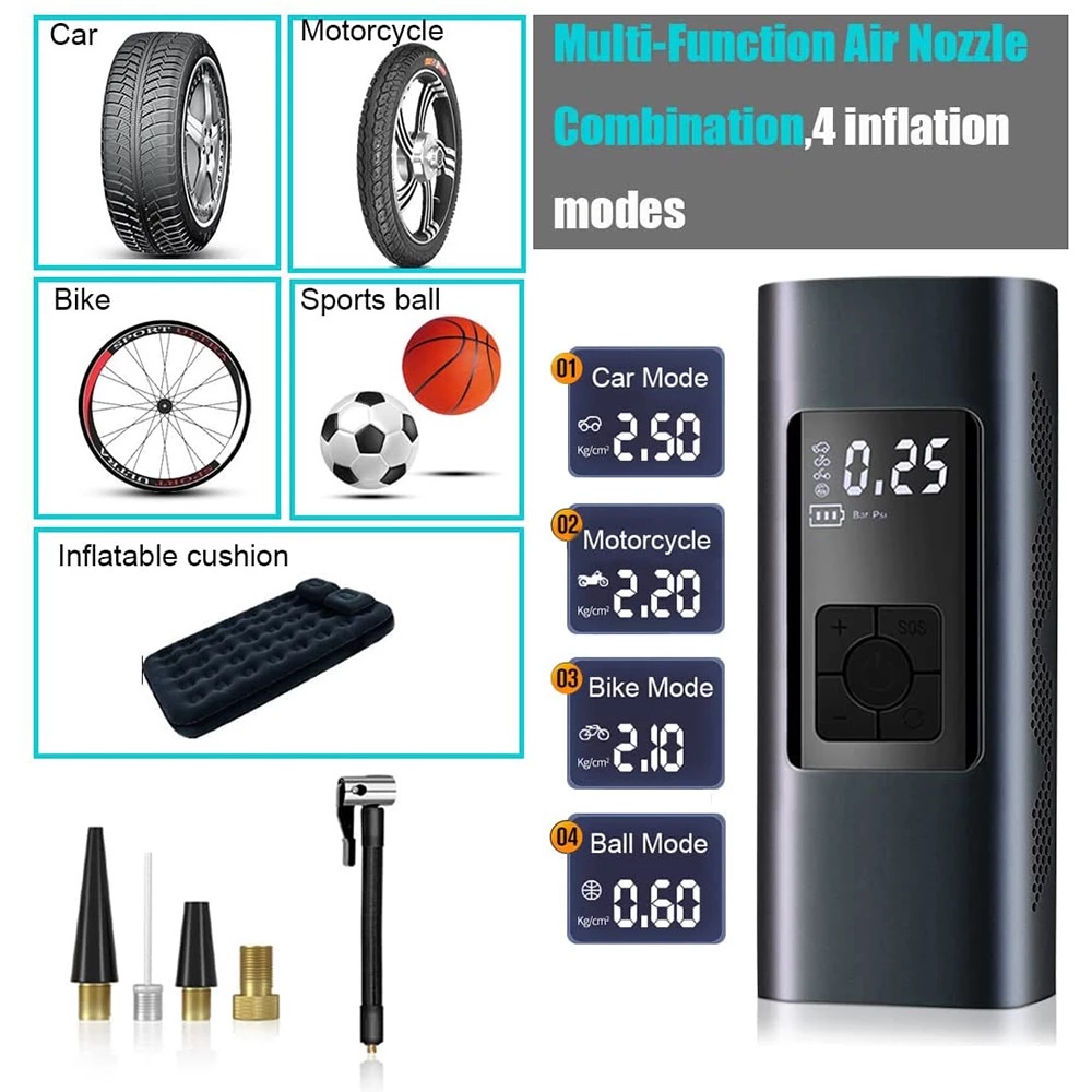 Bơm Lốp Ô Tô Xe Máy Đồng Hồ Điện Tử Mini Sạc Pin, Cắm Điện Nhỏ Gọn Tiện Lợi