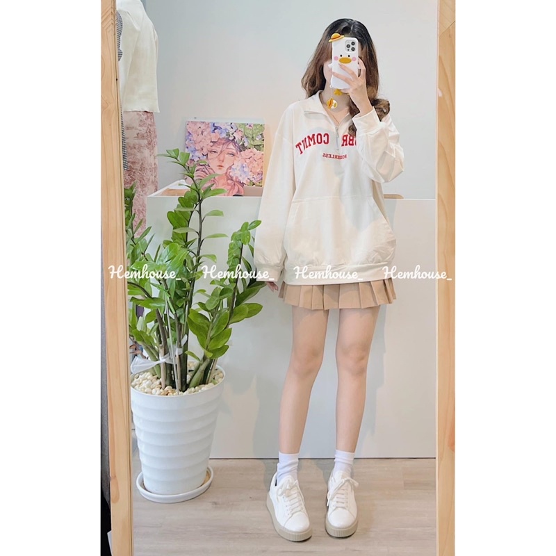Set áo nỉ sweater thêu chữ kèm chan váy xếp ly nâu