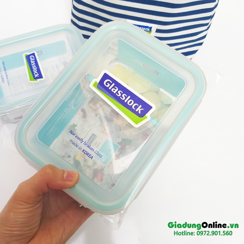 Bộ hộp cơm thủy tinh Glasslock 1000ml chia ngăn + 400ml + túi giữ nhiệt kẻ Hàn Quốc - Larva Store