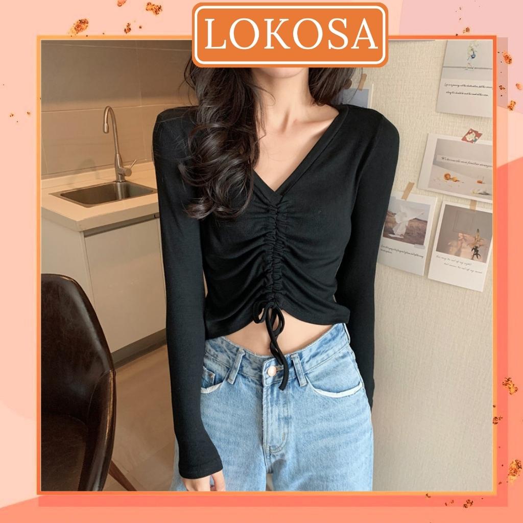 Áo Croptop Hở Ngực LOKOSA Áo Croptop Dài Tay Rút Dây Nữ Kiểu Ôm Body Sexy Đi chơi dự tiệc cưới màu Trắng Đen Xanh AO042