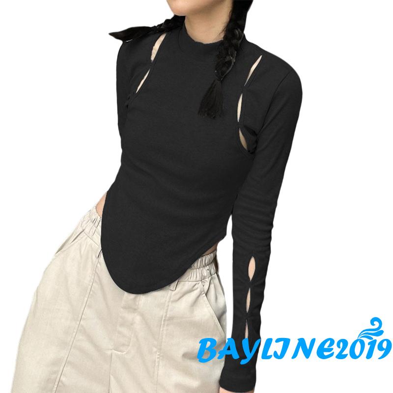 Áo Thun Dài Tay Cắt Xẻ Màu Trơn Thời Trang Nữ