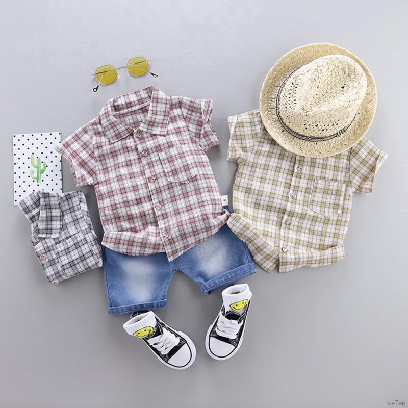 Bộ 2 món áo sơ mi caro và quần denim ngắn cho bé trai