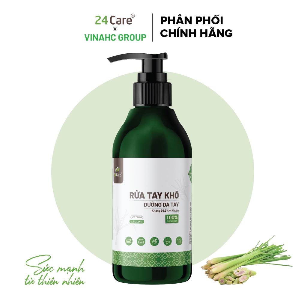 Nước rửa tay khô tinh dầu Sả Chanh 24Care nguồn gốc thiên nhiên 300ML- diệt khuẩn 99,9%