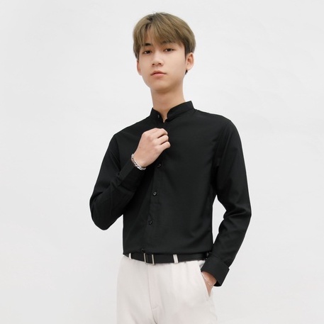 Áo Sơ Mi Trơn Cổ Tàu Dài Tay Nam MANDO 2 Màu Đen Trắng Chất Cotton Form Rộng Basic Unisex Thời Trang Hàn Quốc SMD121