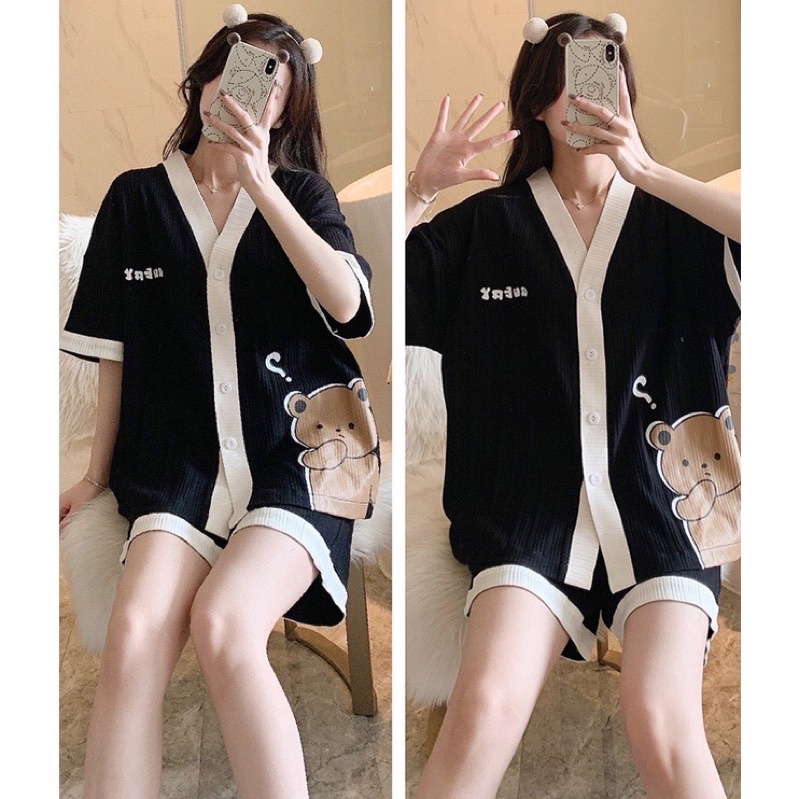 🔥SIÊU SALE 🔥 PIZAMA ĐÙI NGẮN TAY CỔ YUKATA HÌNH MẶT GẤU 🔥