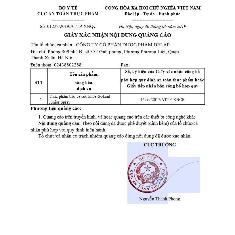 Golanil Junior - Xịt Sát Trùng Họng Giảm Ho Tăng Sức Đề Kháng Cho Trẻ