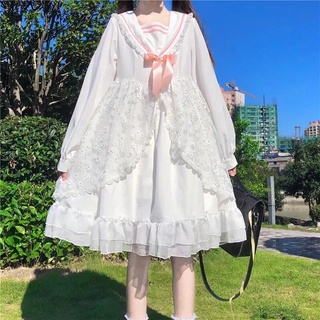 [Hàng Có Sẵn] Đầm Công Chúa Dáng Rộng Phối Lưới Màu Trắng Phong Cách lolita Nhật Bản váy babydoll
