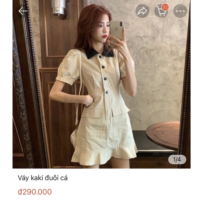 Pass đầm  kaki đuôi cá tay bồng cổ bẻ retro siêu xinh size S  (Kido/Libe/Rechic/Edini/Cocosin