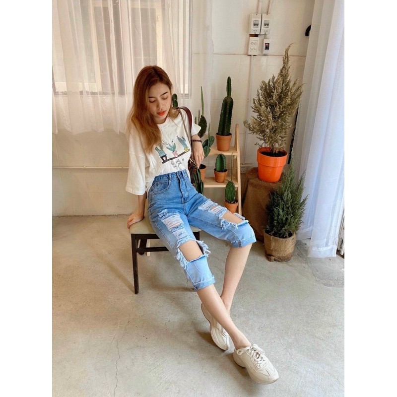 Quần baggy jean lửng wash loang rách mã 147, ảnh thật 100%
