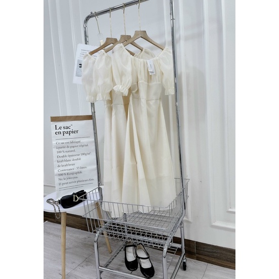 Váy Đầm Nữ Voan Be Nhún Ngực - Halinh Shop - Váy Voan 2 Lớp Tay Phồng, Thắt Nơ Eo Khoá Lưng size S M