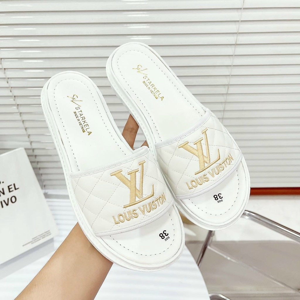 Dép Bánh Mì Dép Quai Ngang Nữ LV Thêu Mới Da Mềm Đế PU Siêu Nhẹ