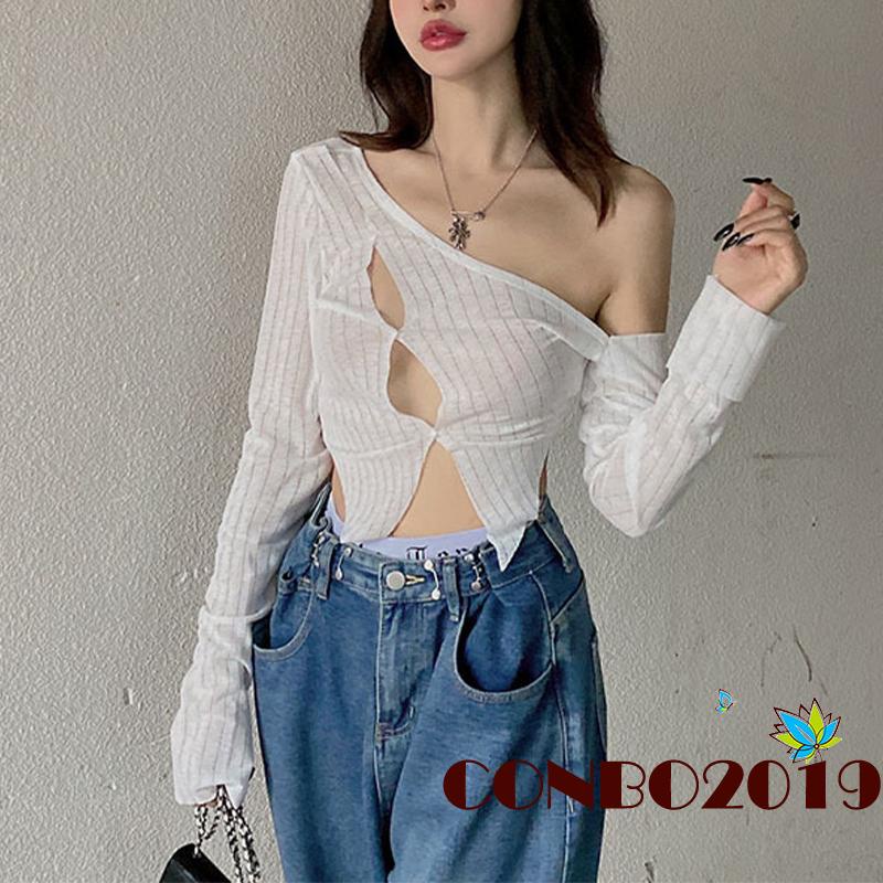 Áo Thun Crop Top Tay Dài Kẻ Sọc In Họa Tiết Thời Trang Dự Tiệc Cho Nữ