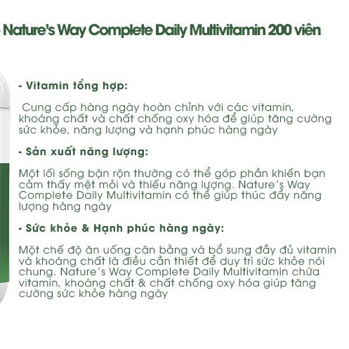 Viên Uống Vitamin Tổng Hợp Nature’s Way Complete Daily Multivitamin (200 viên)