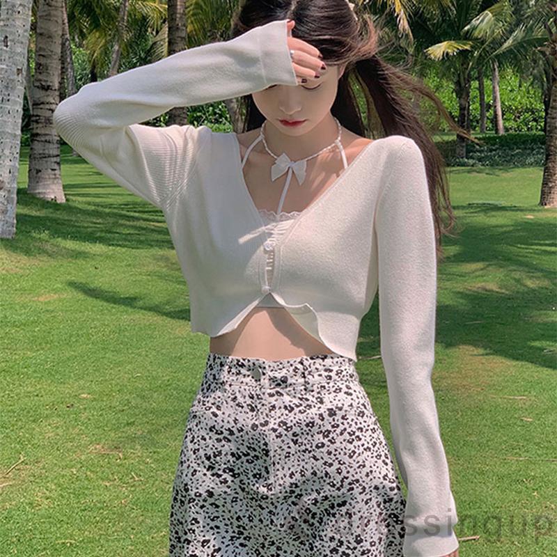 Áo dệt kim tay dài cổ chữ V màu trơn cá tính cho nữ