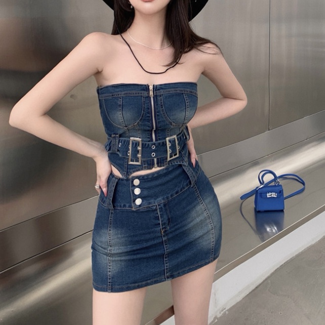 Áo ống denim JSC màu trơn ngọt ngào quyến rũ thời trang mùa hè mặc ngoài trời cho nữ