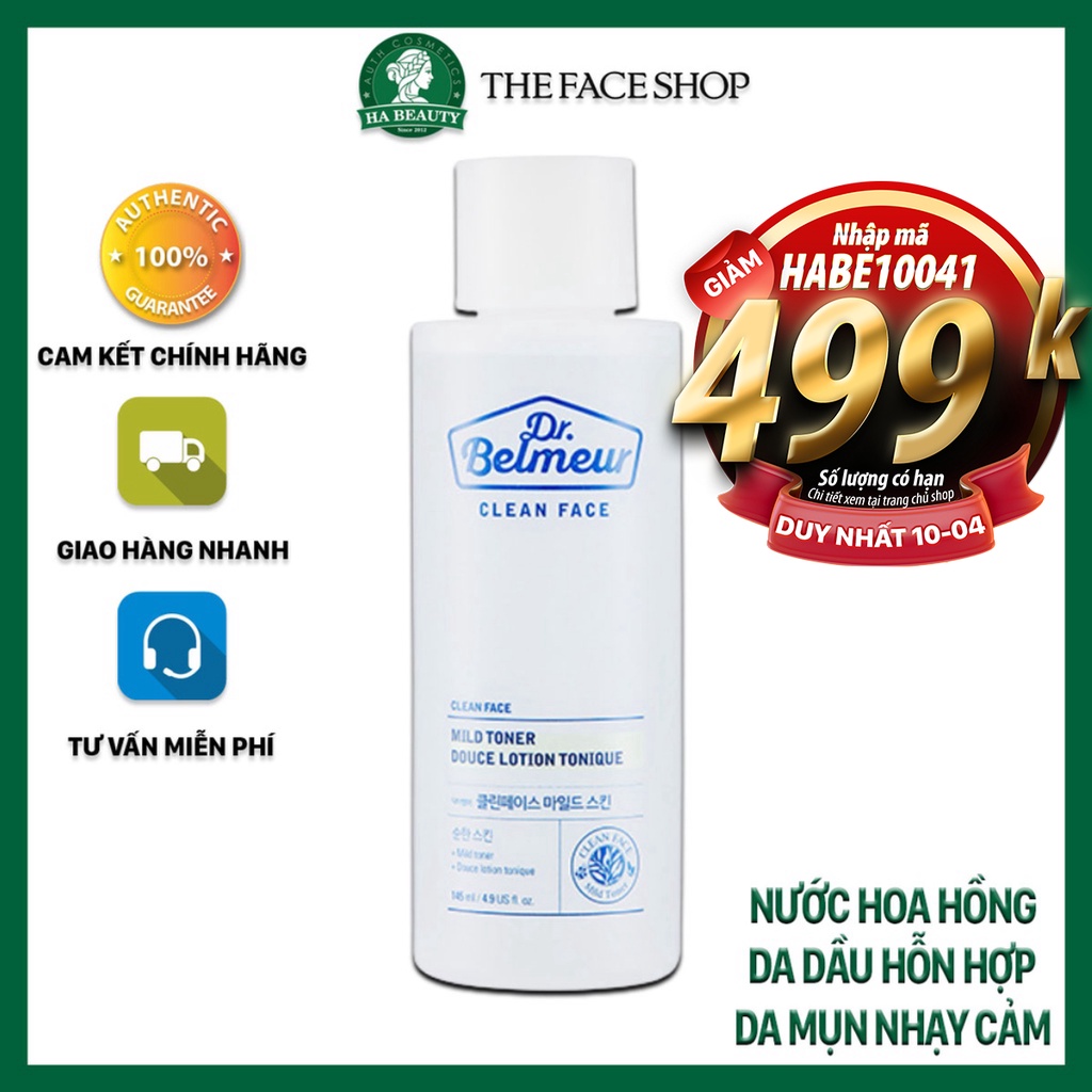 Nước hoa hồng dưỡng ẩm cho da dầu hỗn hợp kể cả da mụn nhạy cảm The Face Shop Dr Belmeur Clean Face Mild Toner 145ml