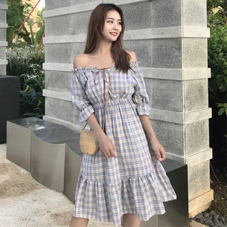 Đầm midi caro ulzzang bẹt vai