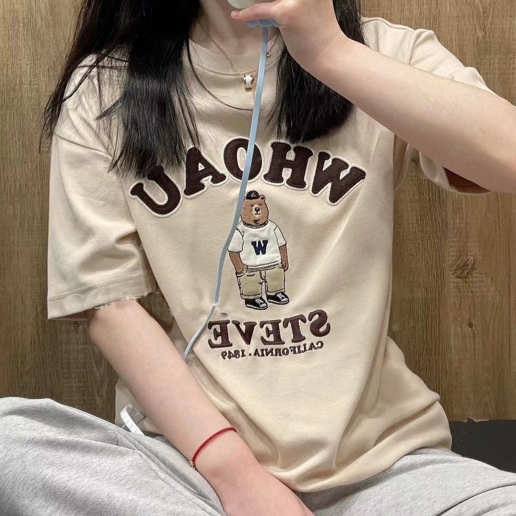 Áo Thun Tay Ngắn Cổ Tròn In Hình Gấu Dễ Thương Thời Trang Mùa Hè Cho Nam Và Nữ