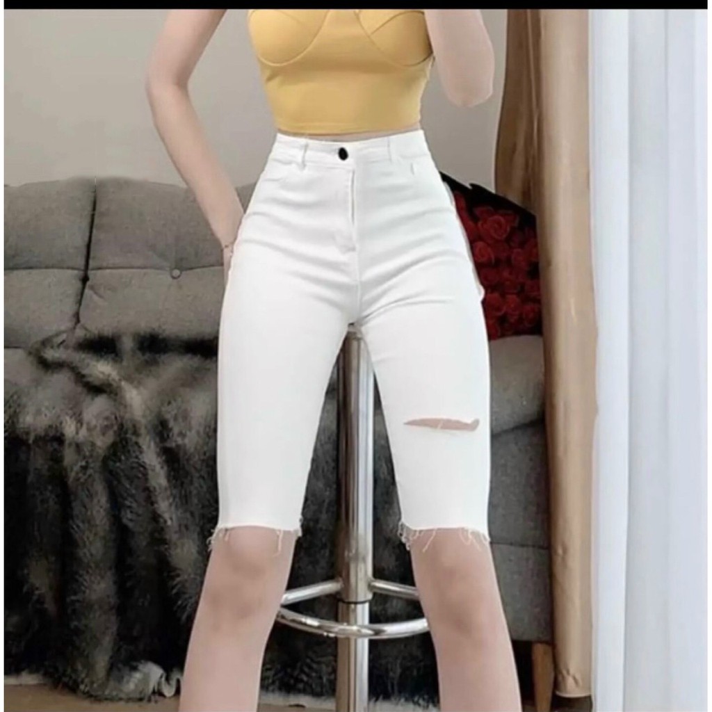 [BÁN CHẠY] Quần lửng kaki phối rách 1 đường bên kèm hình thật sàn 2 màu trắng và đen PC81220