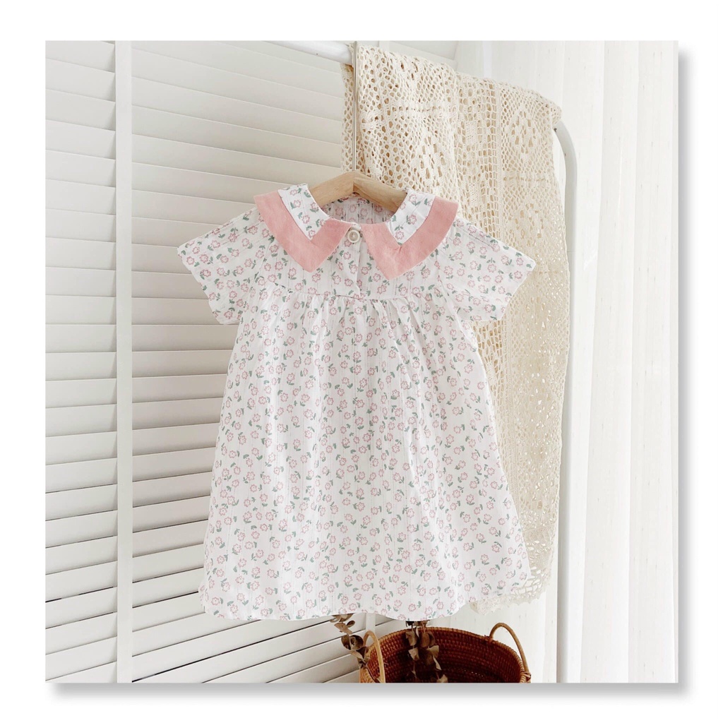 Váy hoa nhí cộc tay cổ phối màu siêu xinh cho bé