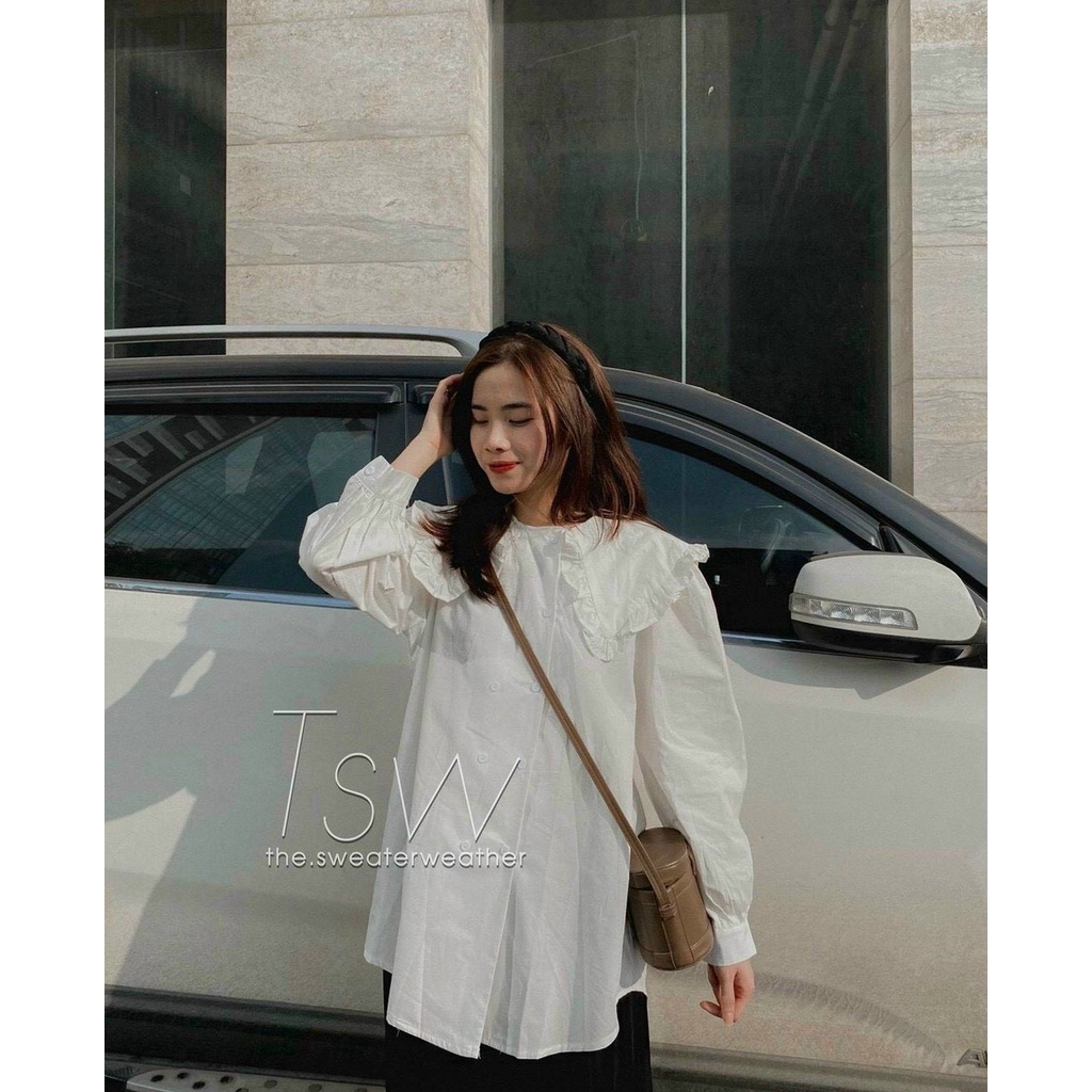 Áo sơ mi bèo 1 lá cổ khuy ngang 2 bên tay bo