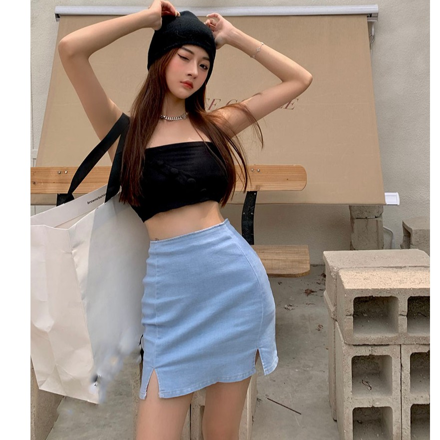 [HÀNG SẴN-ảnh thật] Chân váy jean xanh nhạt xẻ tà 2 bên Ulzzang - u.w