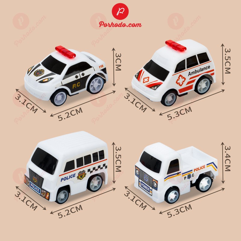 Bộ ô tô đồ chơi set 4 xe cảnh sát màu trắng cho bé nhựa ABS an toàn KB216108, Xe ô tô mini đồ chơi