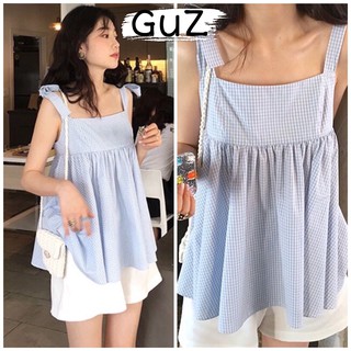 Set đồ nữ cá tính/ Set áo 2 dây babydoll buộc nơ caro mix quần short ống rộng kaki màu trắng GuZ