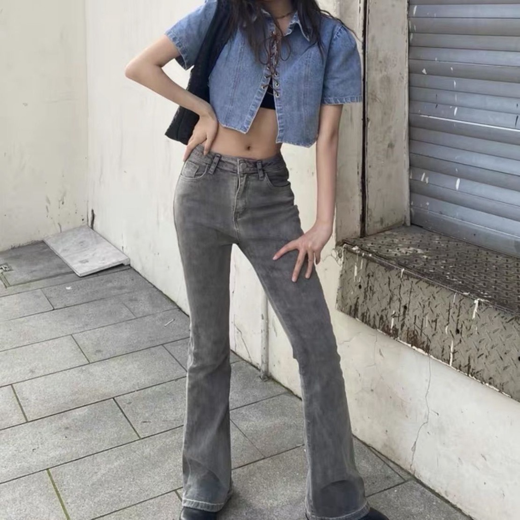 Phong Cách Mới Áo Sơ Mi Denim Mỏng Tay Ngắn Dáng Rộng Cột Dây Màu Tinh Khiết Hình Cô Gái Nóng Bỏng Garbege Series Cho Nữ