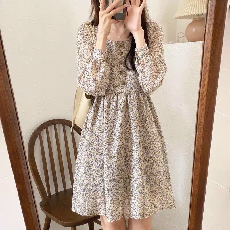 (Giá sỉ) Đầm váy nữ đầm kiểu maxi đầm hoa nhí cúc giữa tay dày xoè đầm đẹp