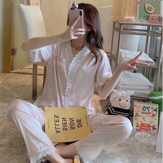 pijama lụa satin cổ V phi bóng chấm bi trái tim sang chảnh