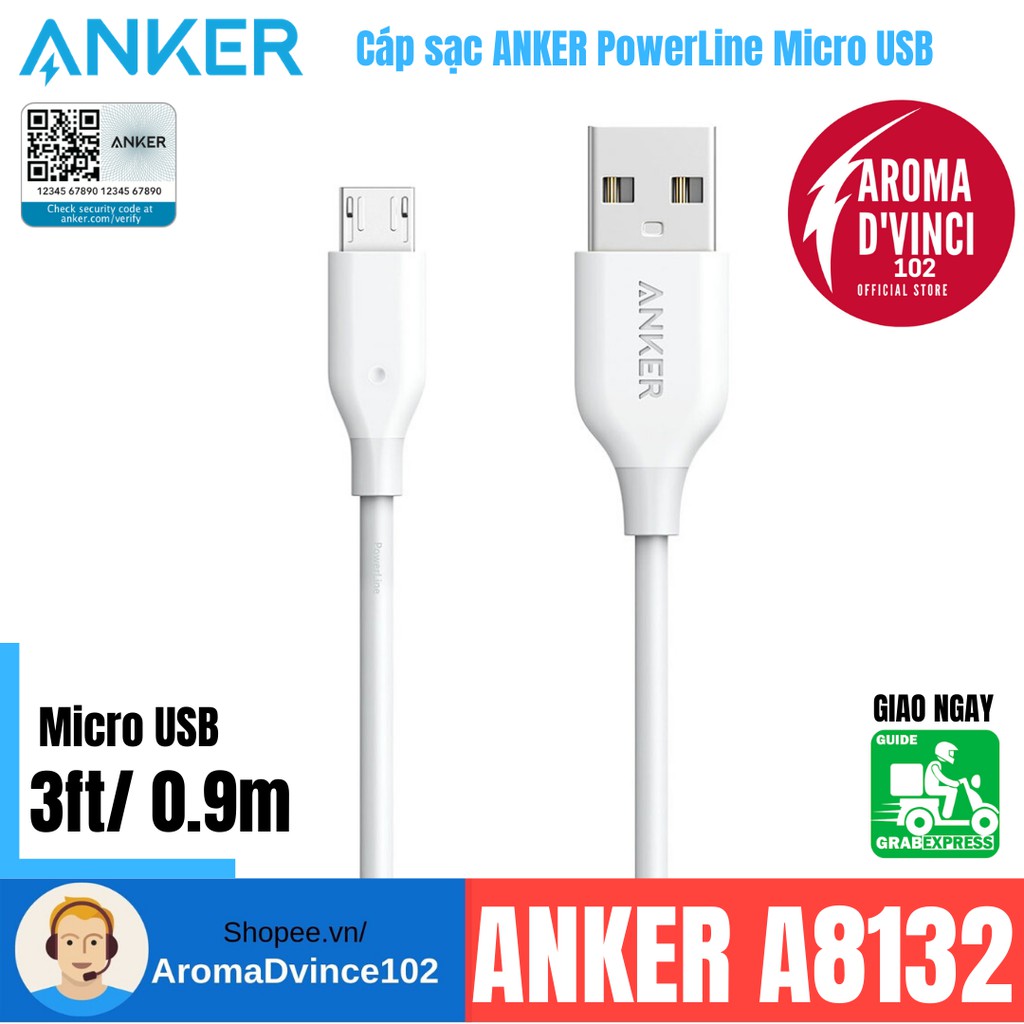 Dây Cáp Sạc Micro USB Anker PowerLine 0.9m - A8132 (Note: Không dùng cho iPhone) - Hàng chính hãng | DVINCE Store