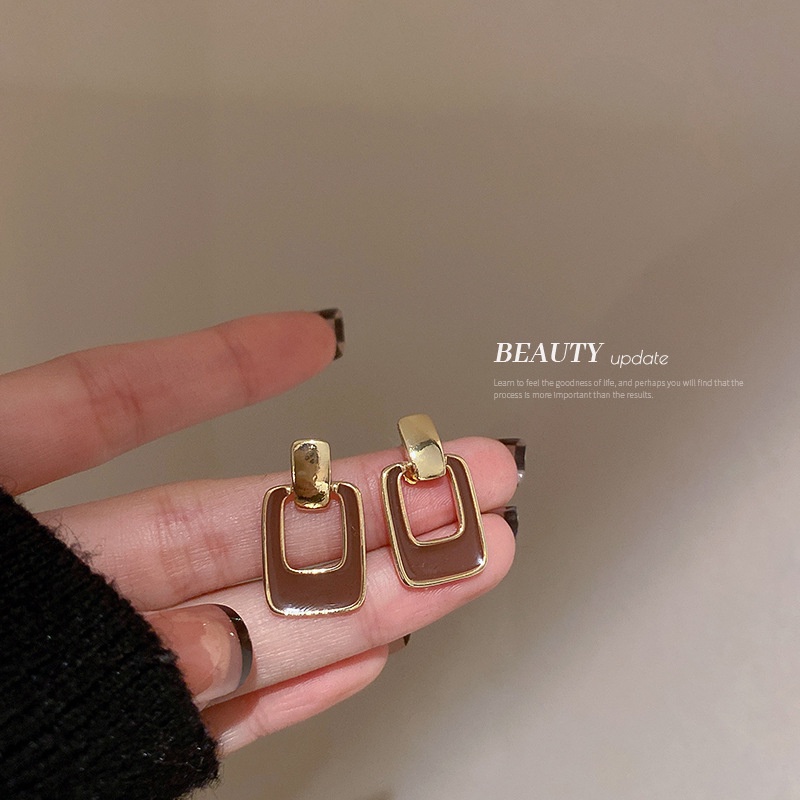 Khuyên tai nữ chữ nhật mặt nâu sang trọng, bông tai phong cách phụ kiện nữ Filibra - BT010