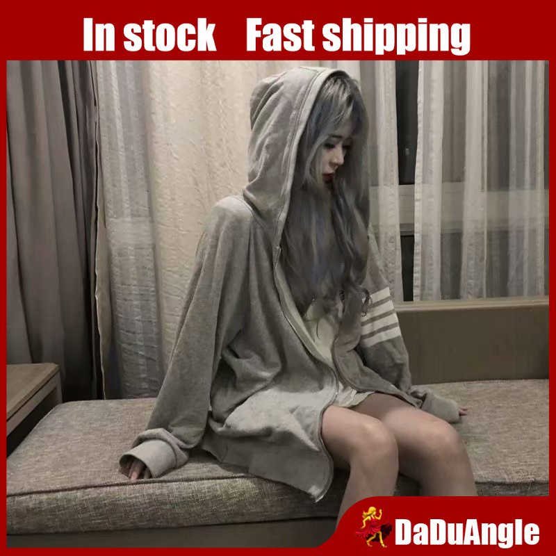 ﺴÁo khoác có mũ thiết kế dáng rộng dây khóa kéo 2 màu phong cách Hàn Quốc cho cặp đôi