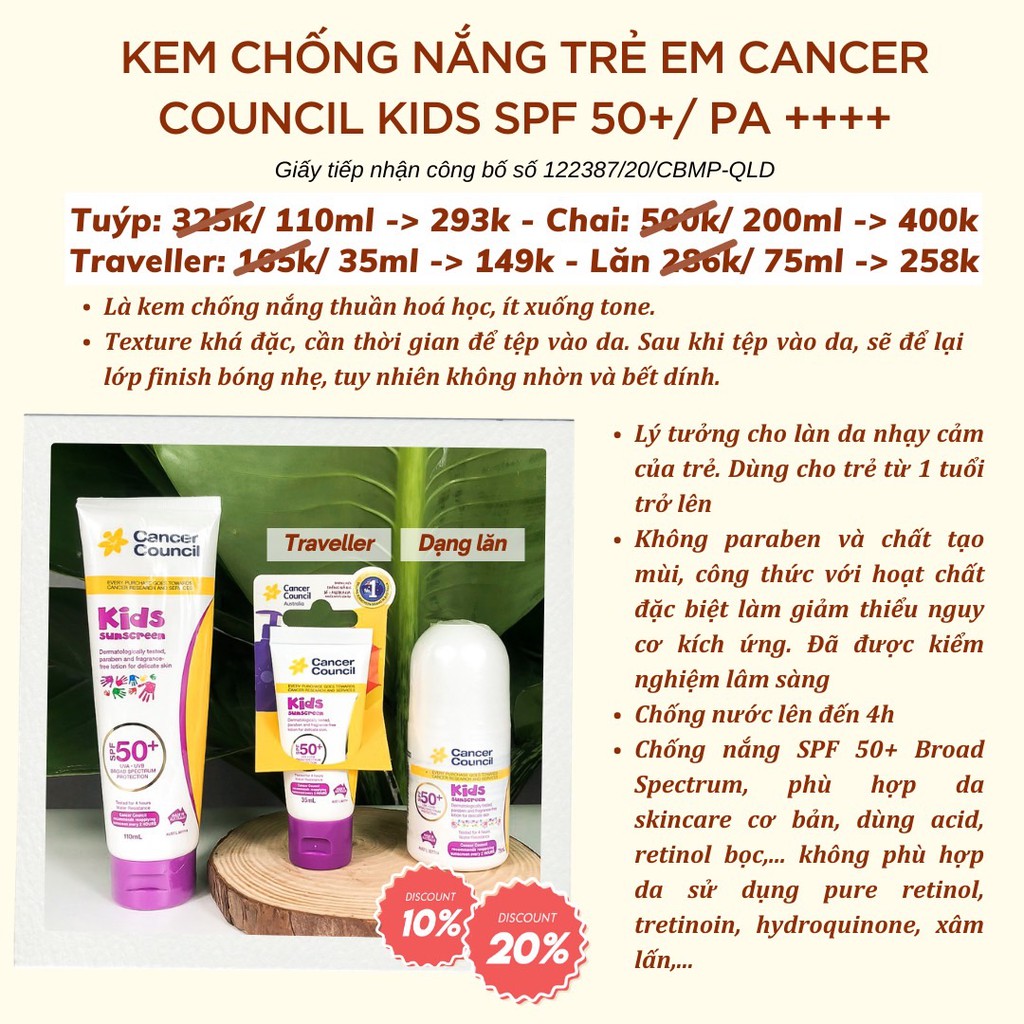 Kem chống nắng Trẻ em Cancer Council Kids SPF 50+/ PA ++++