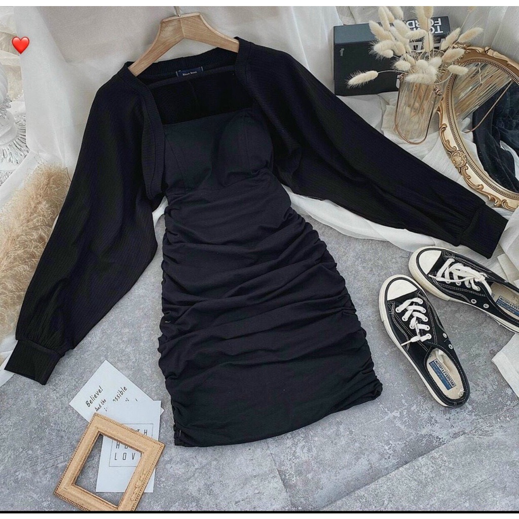 SÉT ĐẦM 2 DÂY NHÚN XẾP LY SƯỜN, KÈM ÁO KHOÁC CROPTOP CÁNH DƠI SIÊU XINH FSHP17