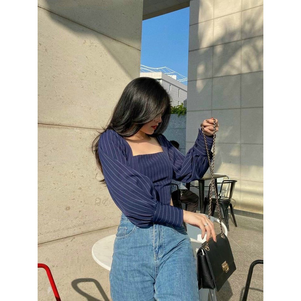 Áo crop cổ vuông navy  KÈM ẢNH THẬT  BAO KIỂM ❌
